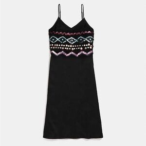 Coach Black Midi Silky Dress with Colorful Patterns NWT